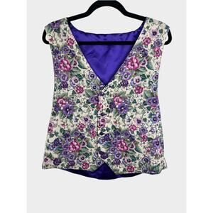 Handmade Reversible Floral Pansy Vest Purple Satin Whimsy Cottagecore M L